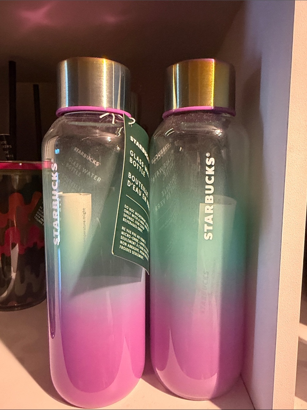 Starbucks Pink Teal Ombre Glass Water Bottle with Silver Cap